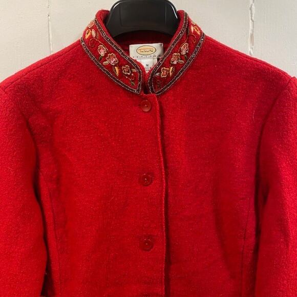 TALBOTS Beaded Red Boiled Wool Seamed Blazer Jacket Women M Petite - Picture 2 of 12